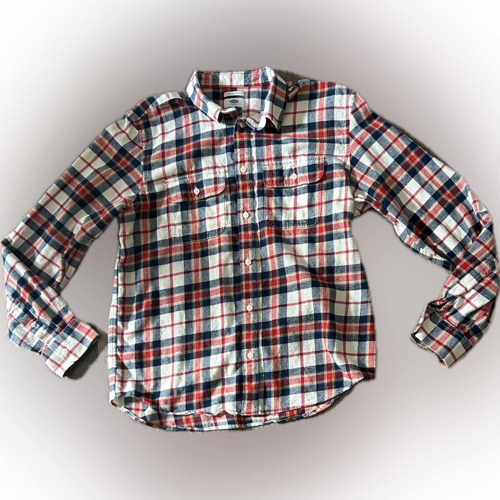 OLD NAVY "Regular Fit" Shirt Men's Size Large Red White Blue Plaid Flannel